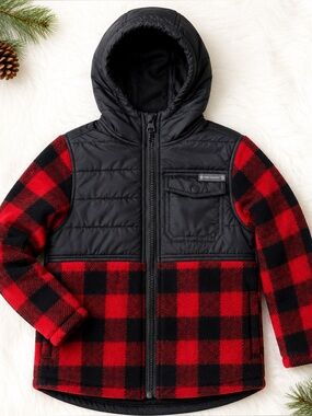 Free Country Buffalo Plaid Hooded Jacket Kids Size 5/6 Red Black Fleece Puffer